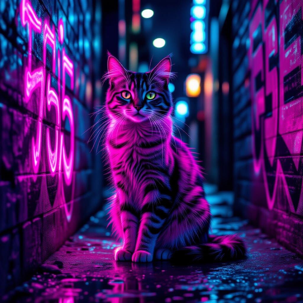 Neon Cat in Cyberpunk Alleyway