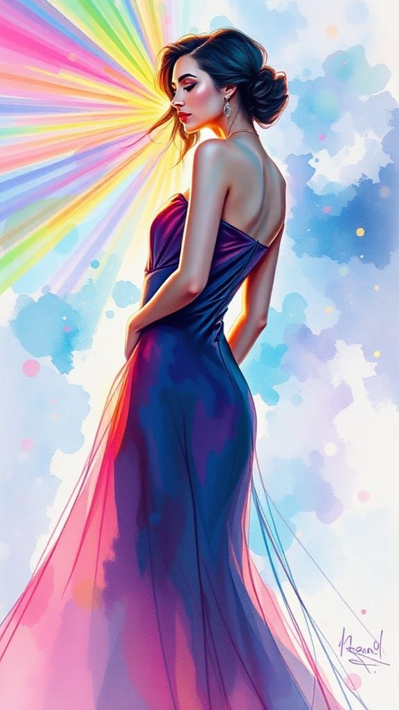 Woman Bathed in Rainbow Light, Watercolor Style