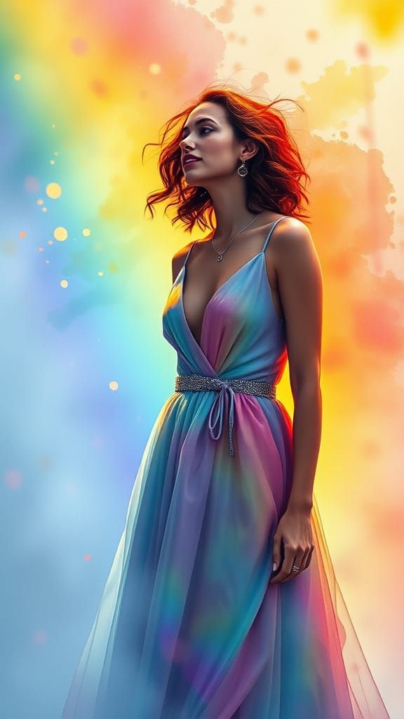 Woman in Rainbow Light, Watercolor Style