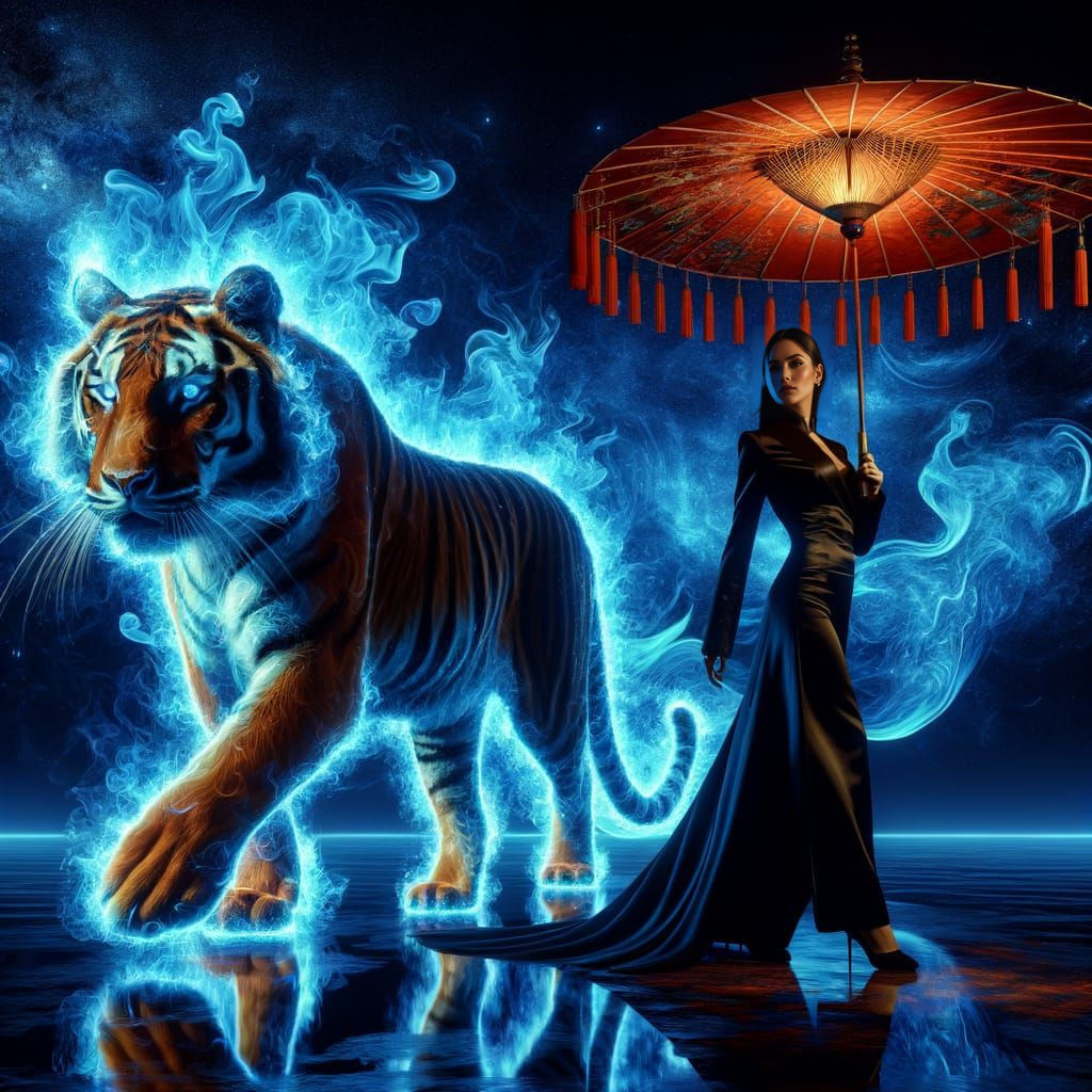 Fiery Tiger and Woman in Cosmic Mystery