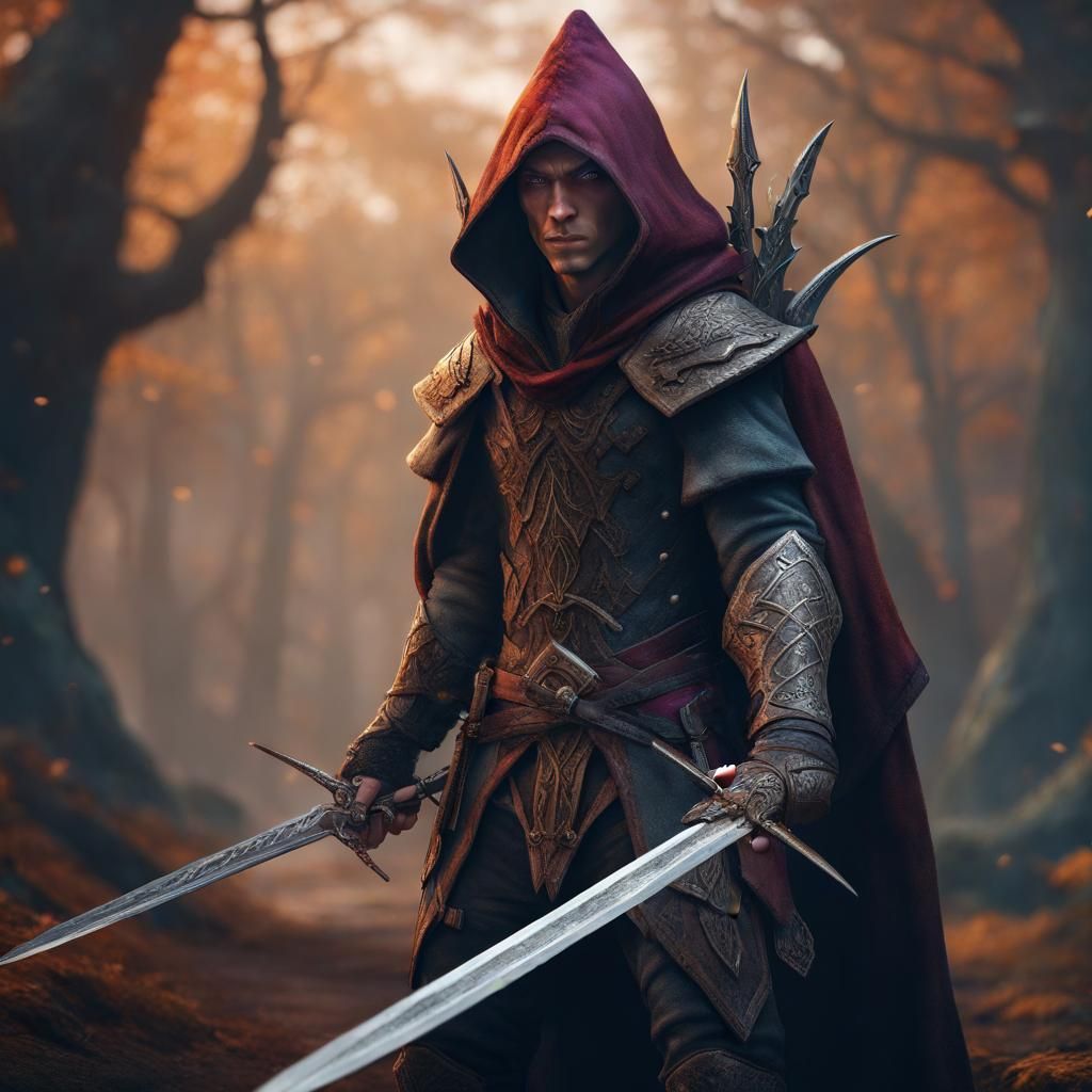 Hooded Half-Elf Dual Wielder in Detailed Matte Painting