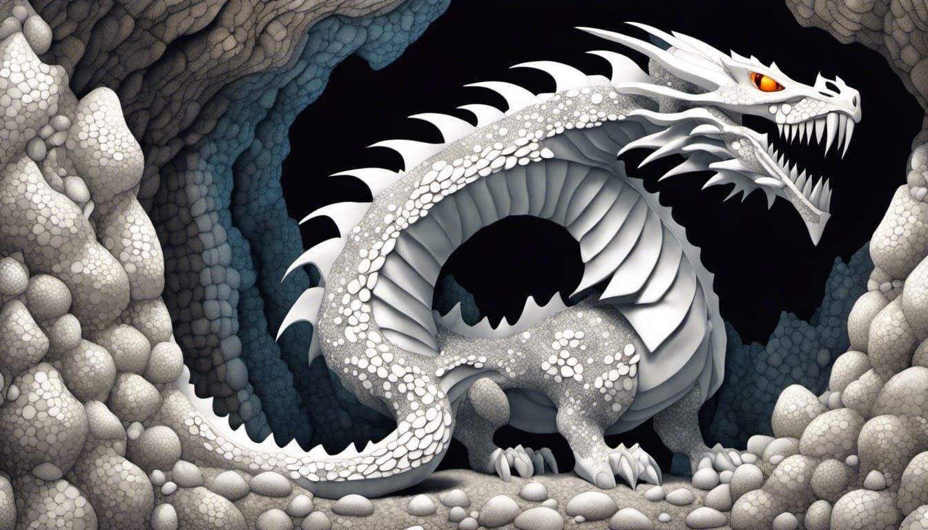Rock Wyvern Resting in Cave with White Pebbles