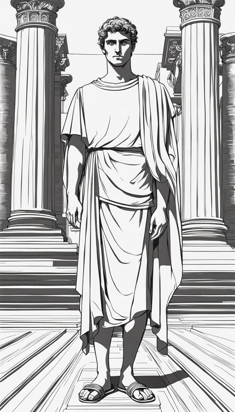 simple full-body line drawing a young roman man in a (mini-tunic:2.0) and sandals