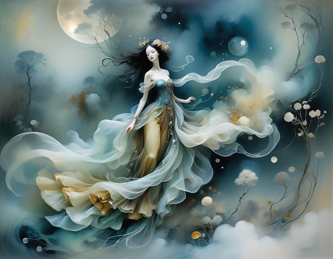 Surreal Chaos: Bachelier-Inspired Moonscape in Klimt Style