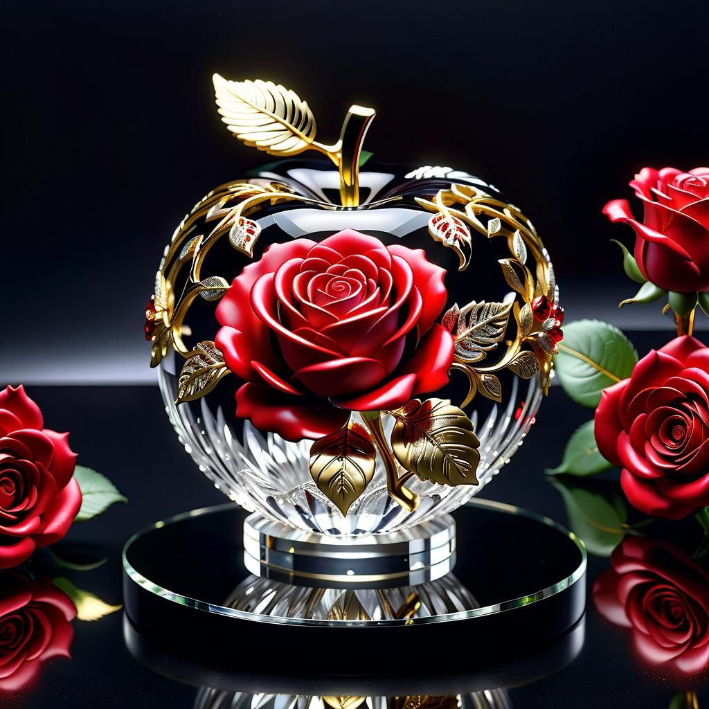 Crystal Glass Apple with Red Roses