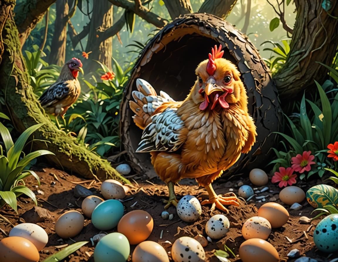 Comical Chicken and Baby Raptor in Jungle