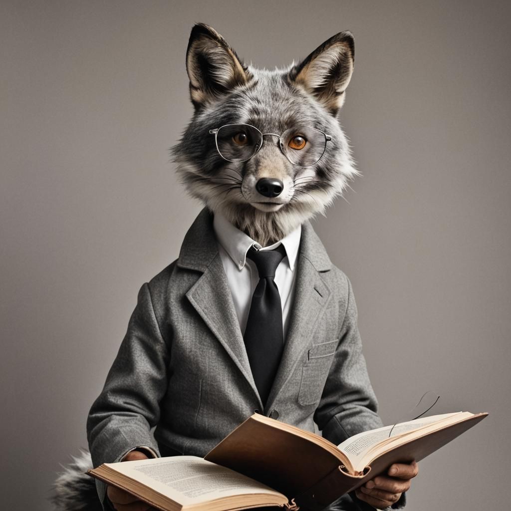 Silver Fox Reads Book in Mixed Media Style