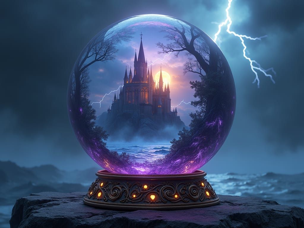 Crystal Ball Reveals Castle in Electric Storm