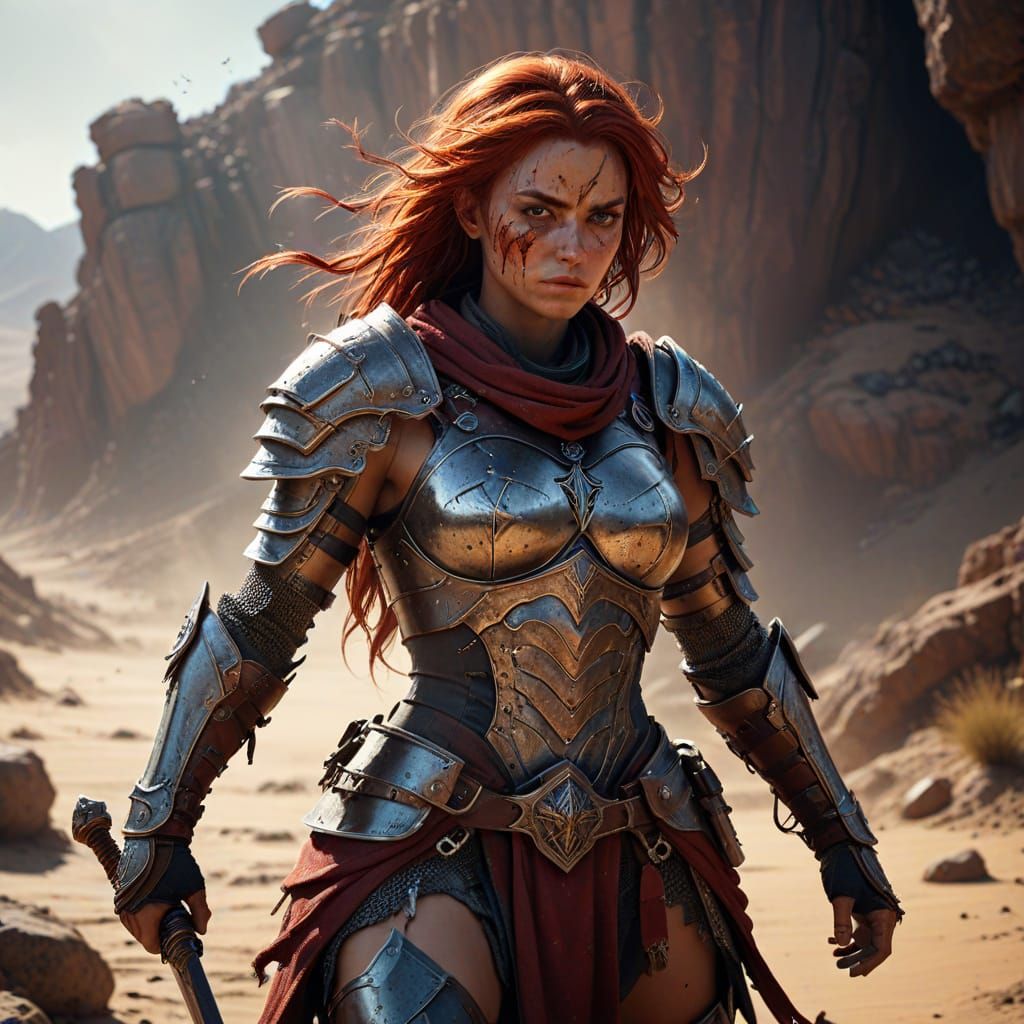 Epic Fantasy Warrior Woman in Post-Apocalyptic Desert