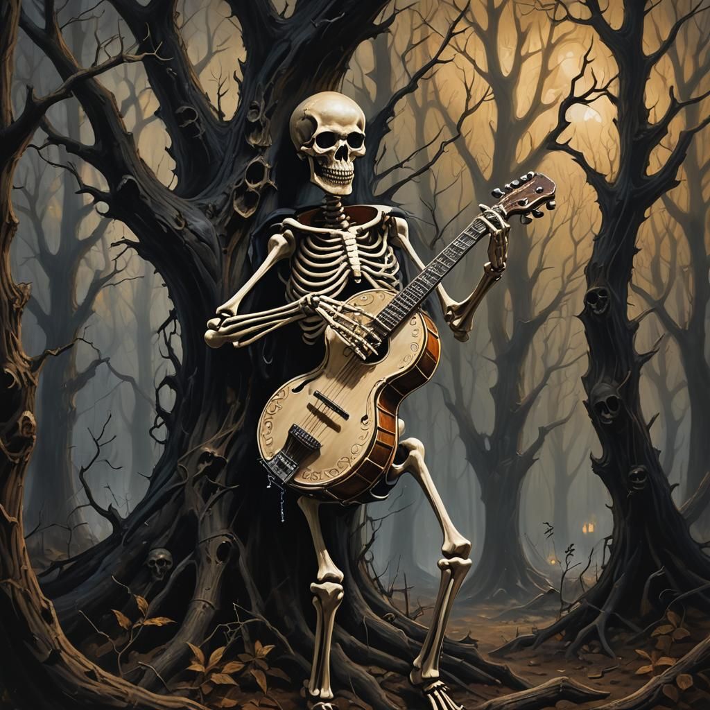 Eerie Forest: Skeleton Plays Banjo in Dark Fantasy Oil Paint...