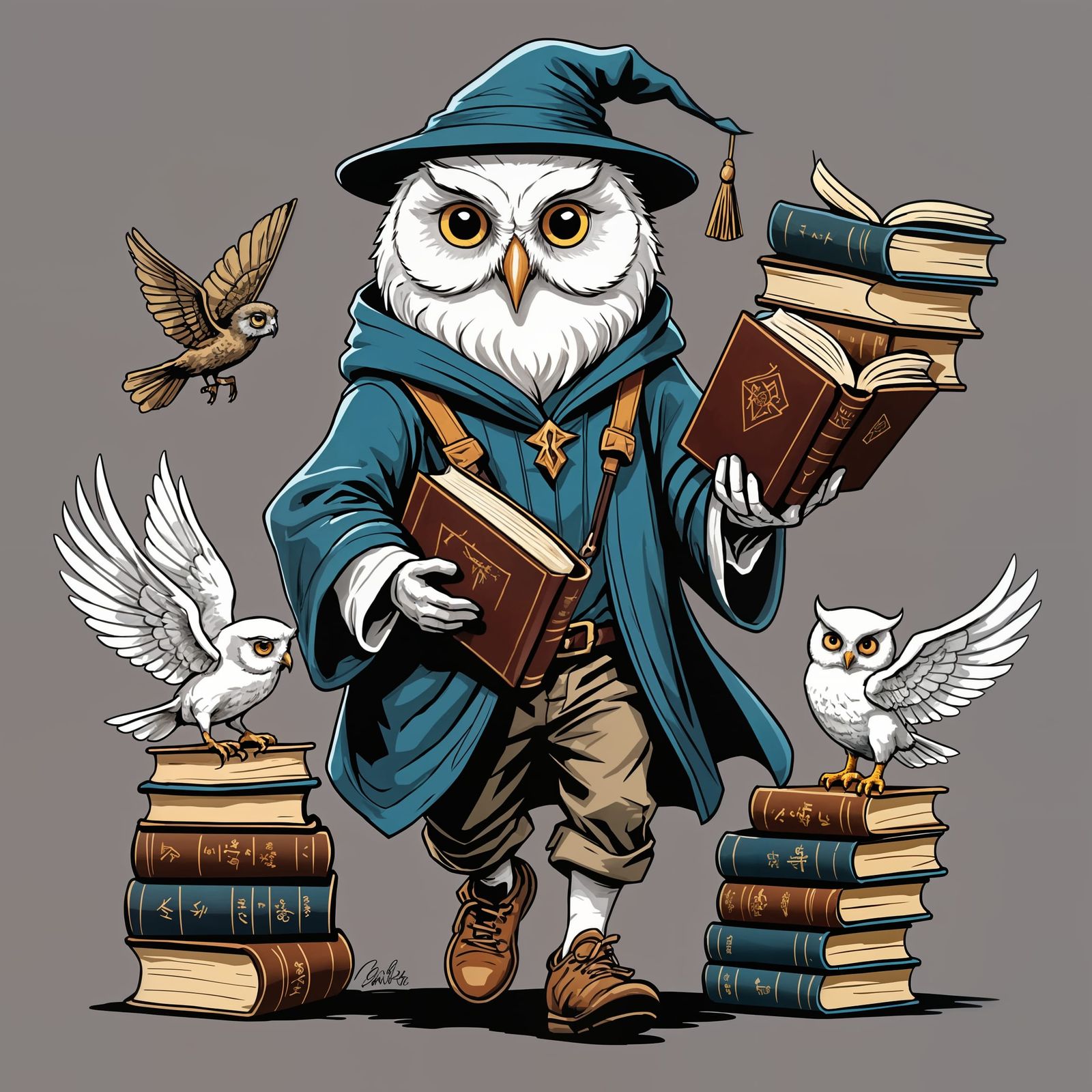 Cartoon Wizard Apprentice with Magical Books