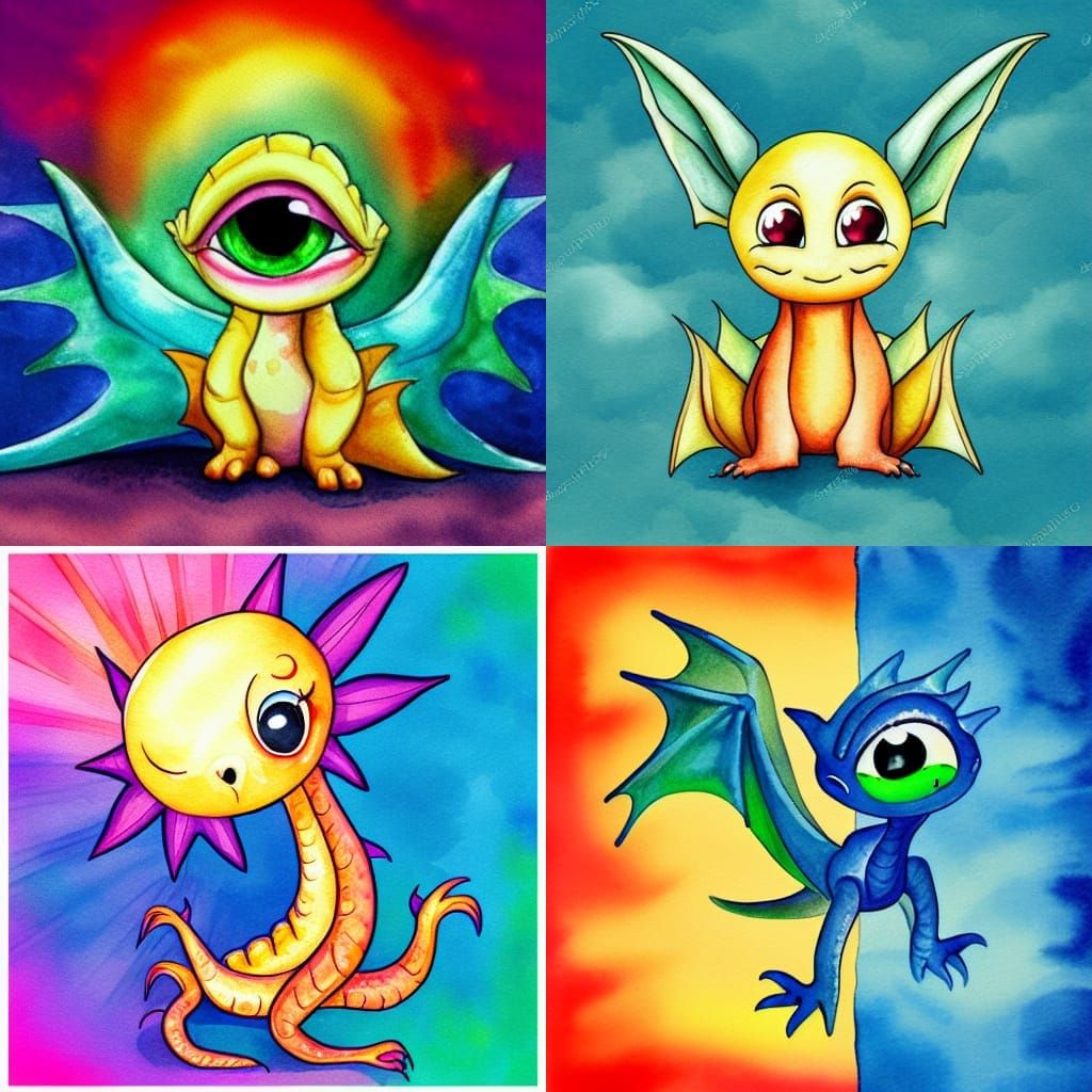 Cute Baby Dragon with Big Eyes in Watercolor