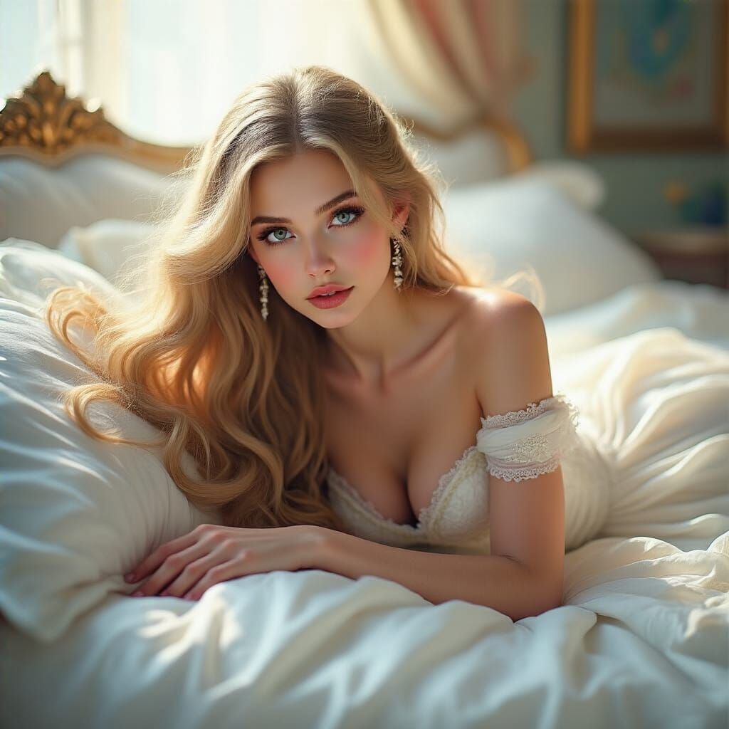 Elegant Woman in White Gown on Luxurious Bed
