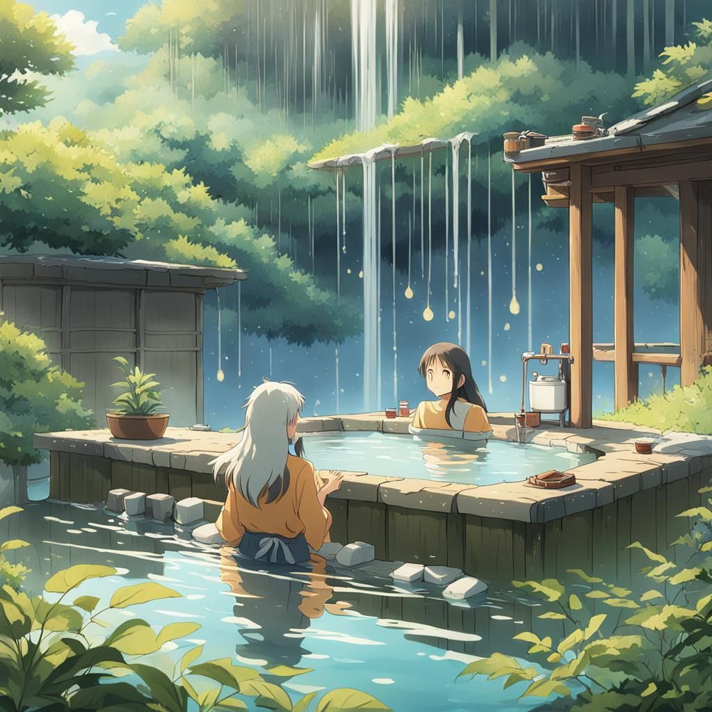 Relaxing Hot Spring Scene in Anime Style
