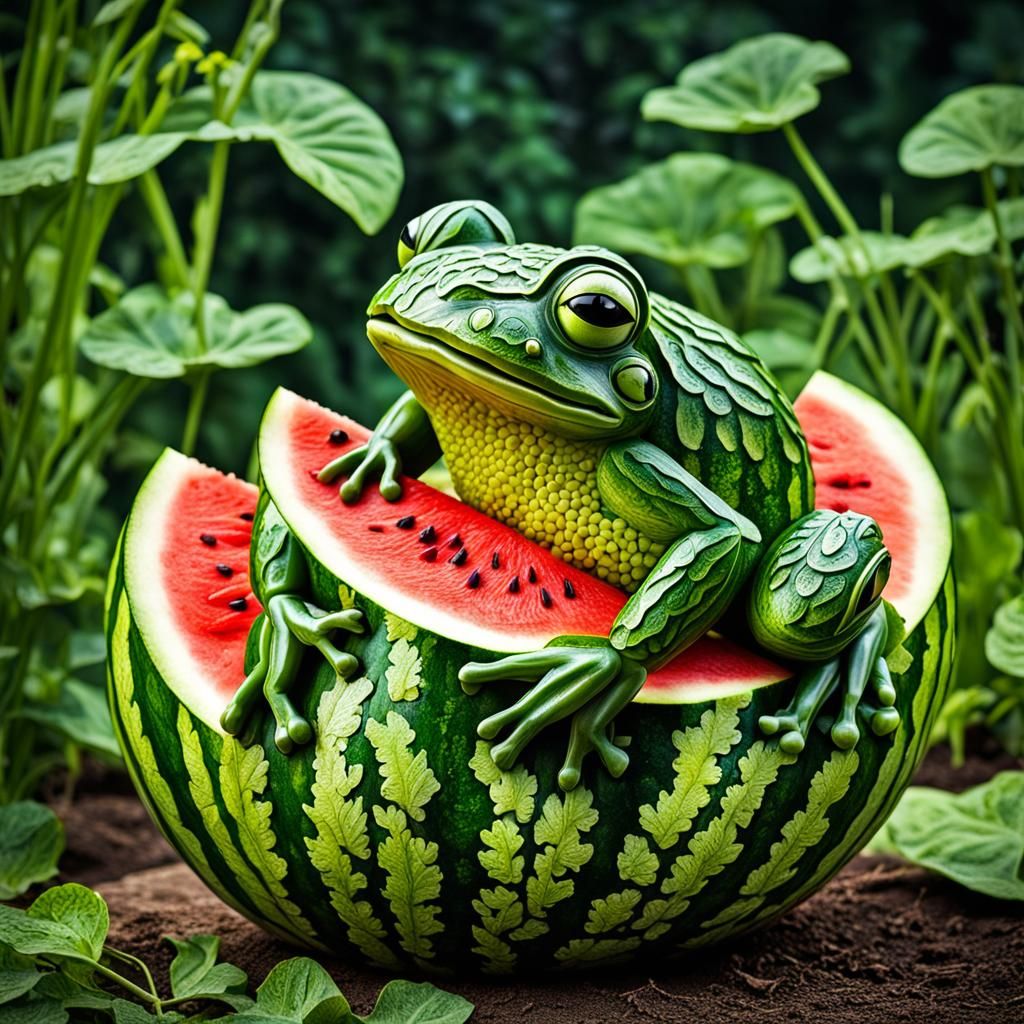 Hyperrealistic Watermelon Frog Carving in Garden