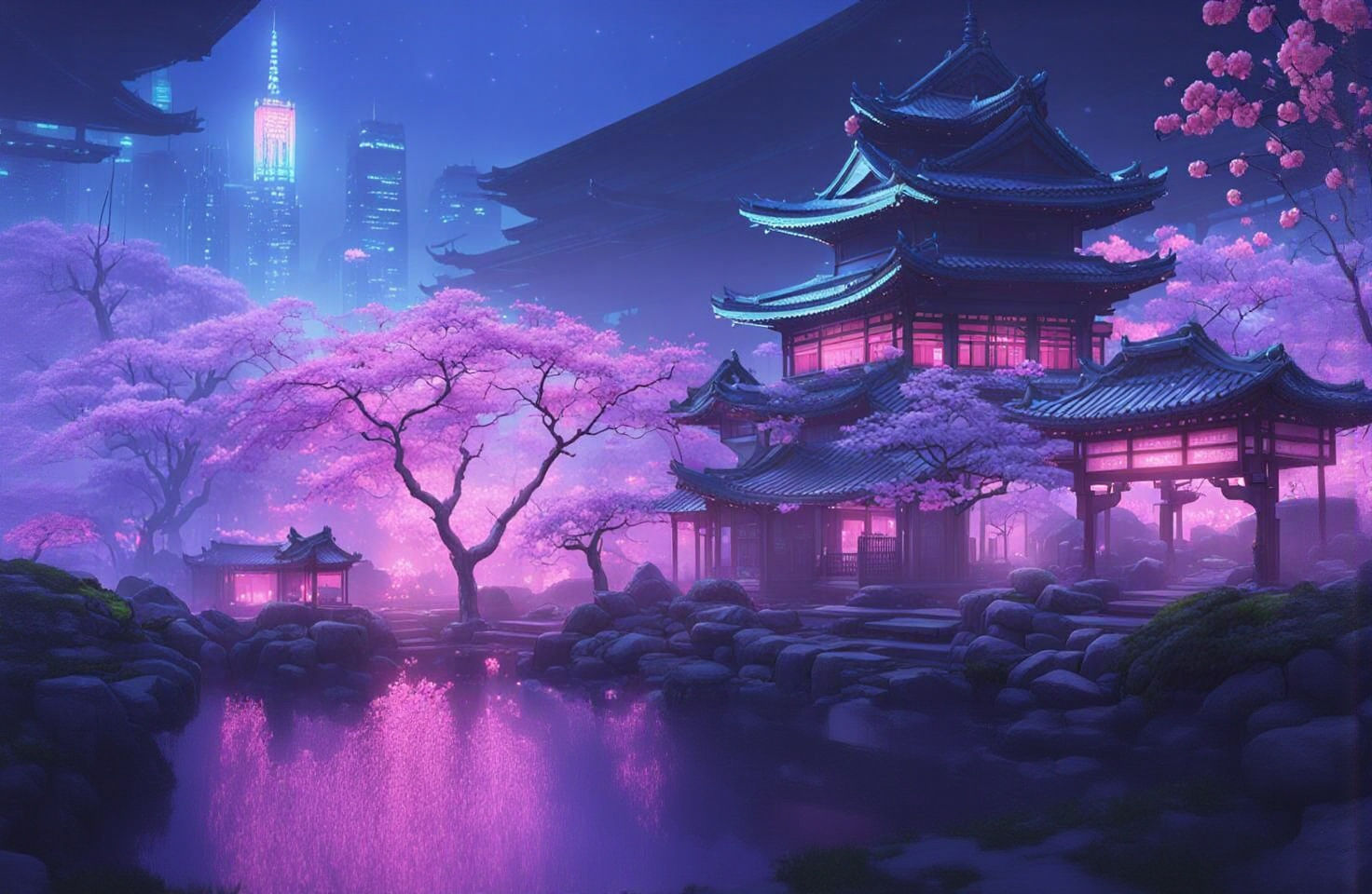 Japanese Garden and Cherry Blossoms on Alien Planet