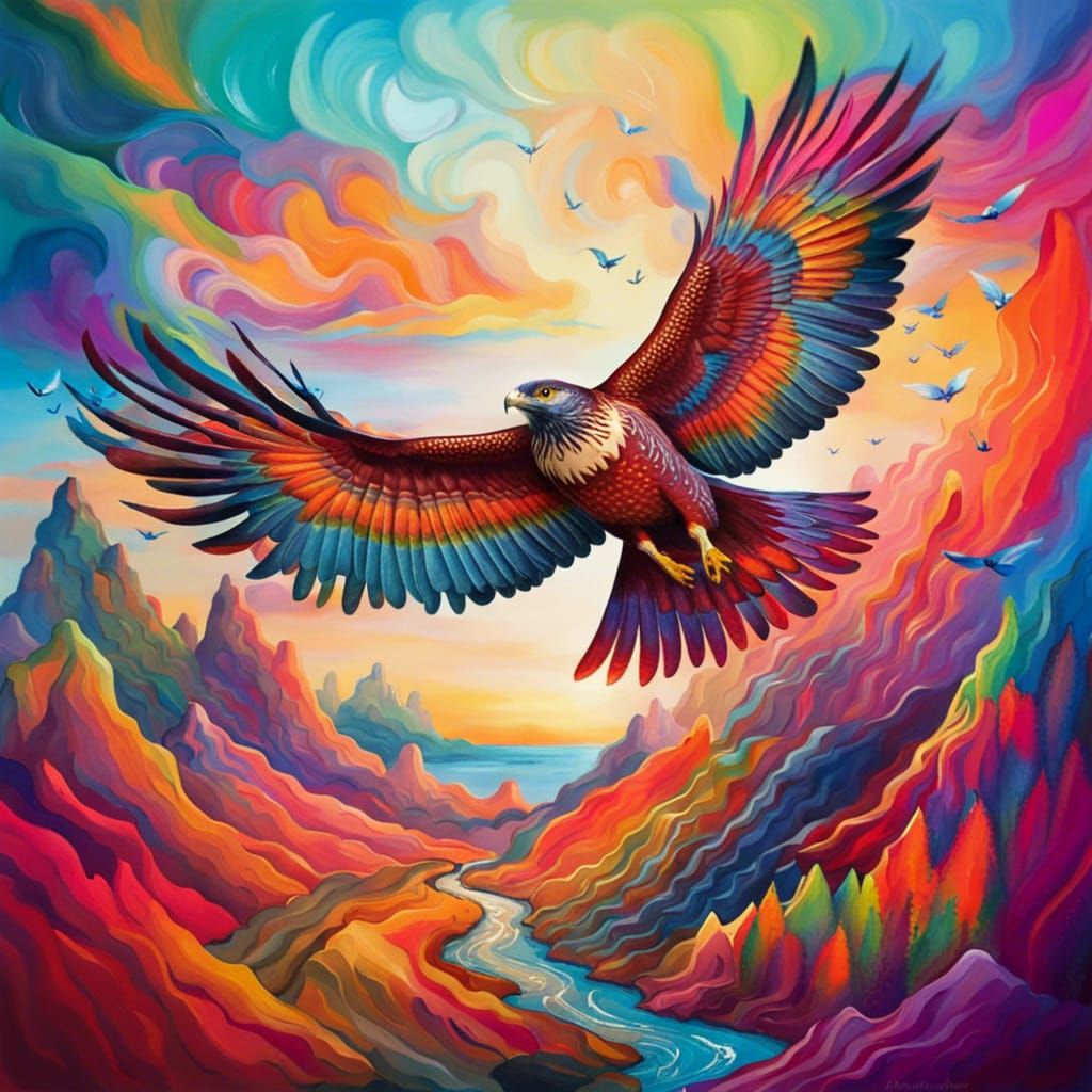Hawk Soaring Over Vivid Fantasy Landscape