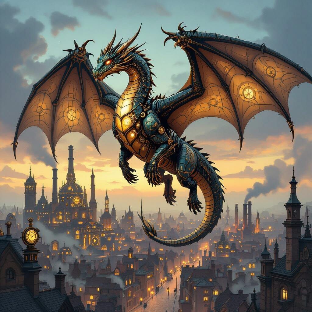 Steampunk Dragon Over Victorian City in Twilight