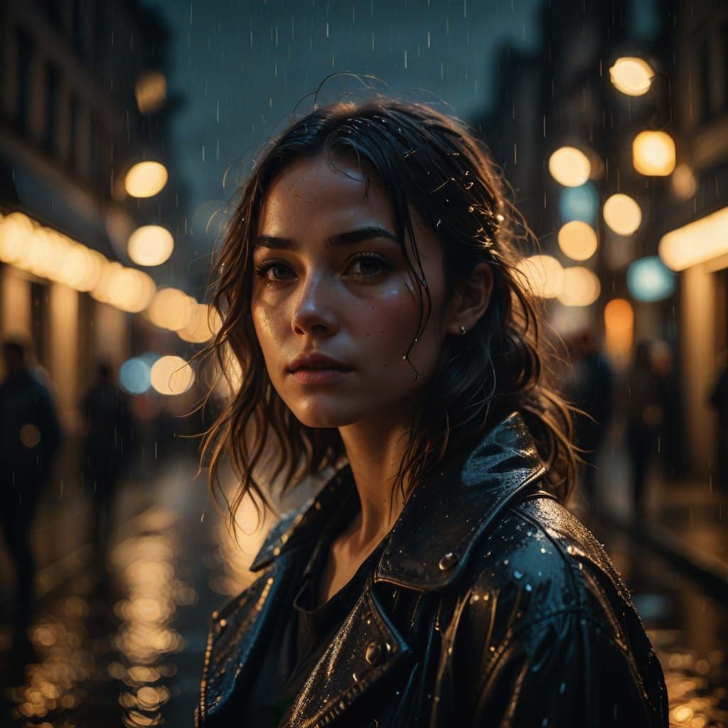 Elegant Woman in Rainy Street: Hyper-Realistic Digital Portr...
