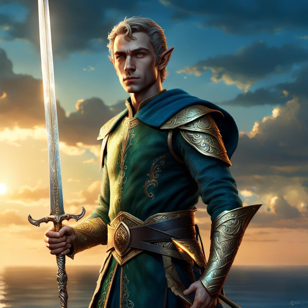 Elf with Sword in Golden Light