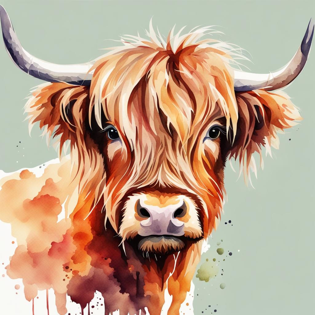 Watercolor Painting of a Cute Highland Cow