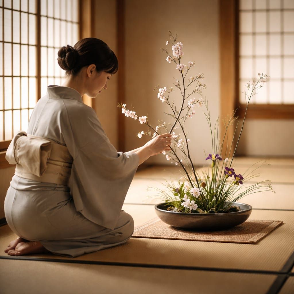 Woman Arranging Flowers in Minimalist Japanese Room