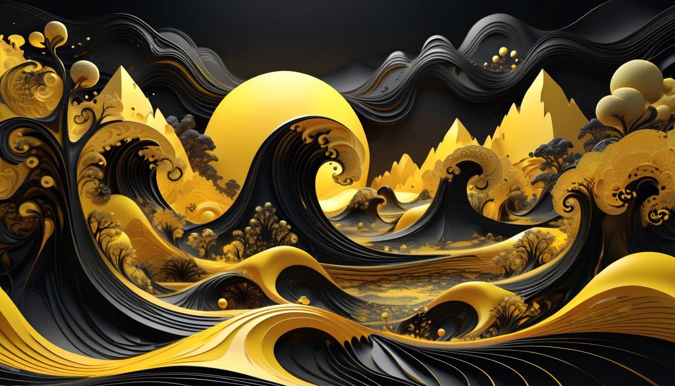 Surreal Yellow and Black Fractal Landscape Art