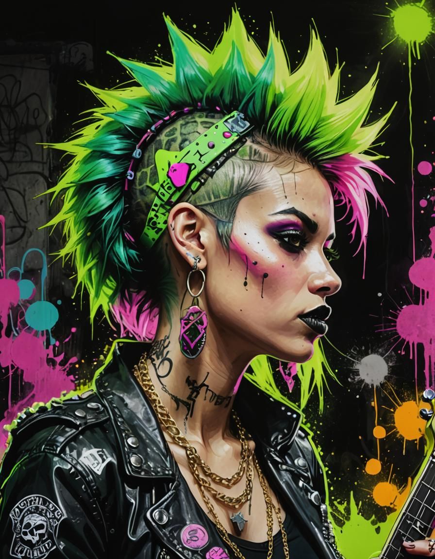 Psychedelic Punk Rock Portrait with Green Mohawk
