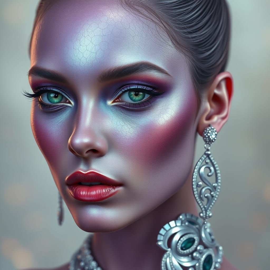 Surreal Goddess with Iridescent Scales and Emerald Eyes