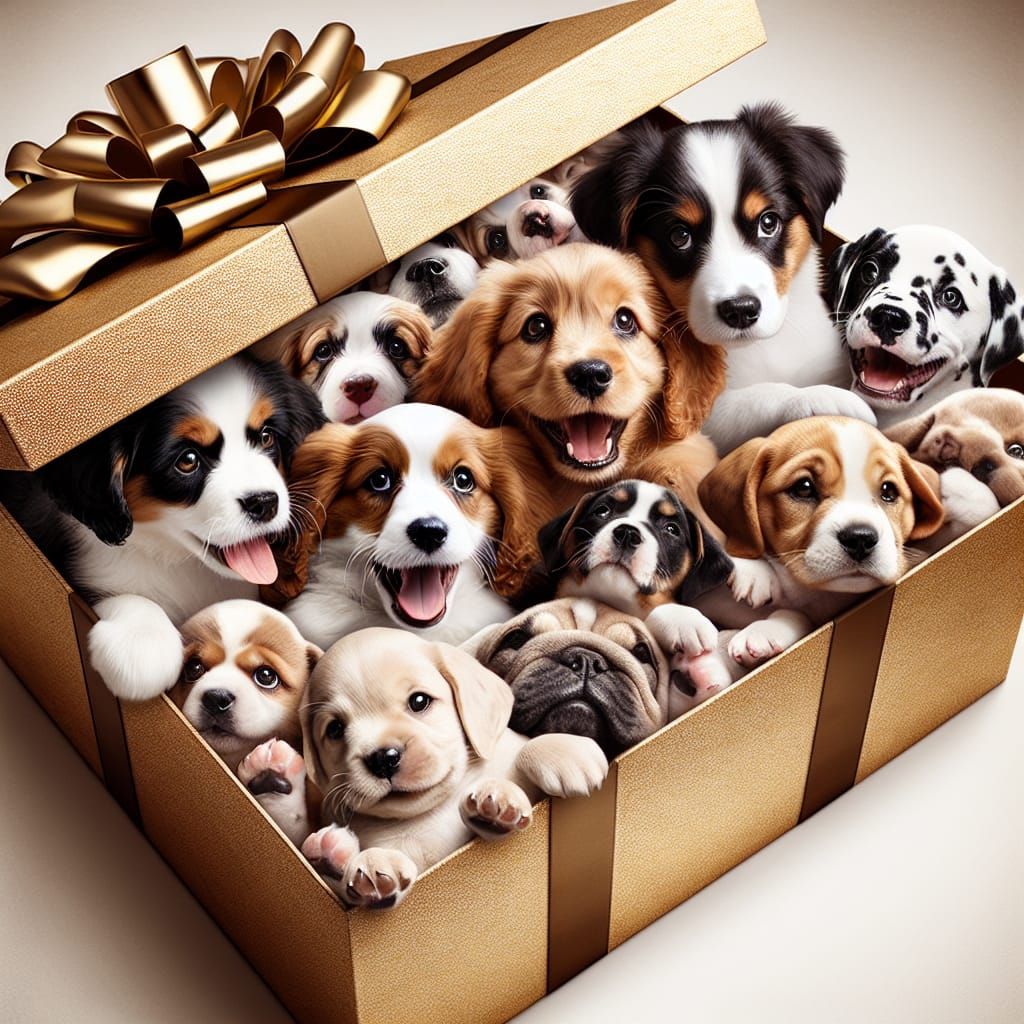 Golden Gift Box Filled with Adorable Puppies
