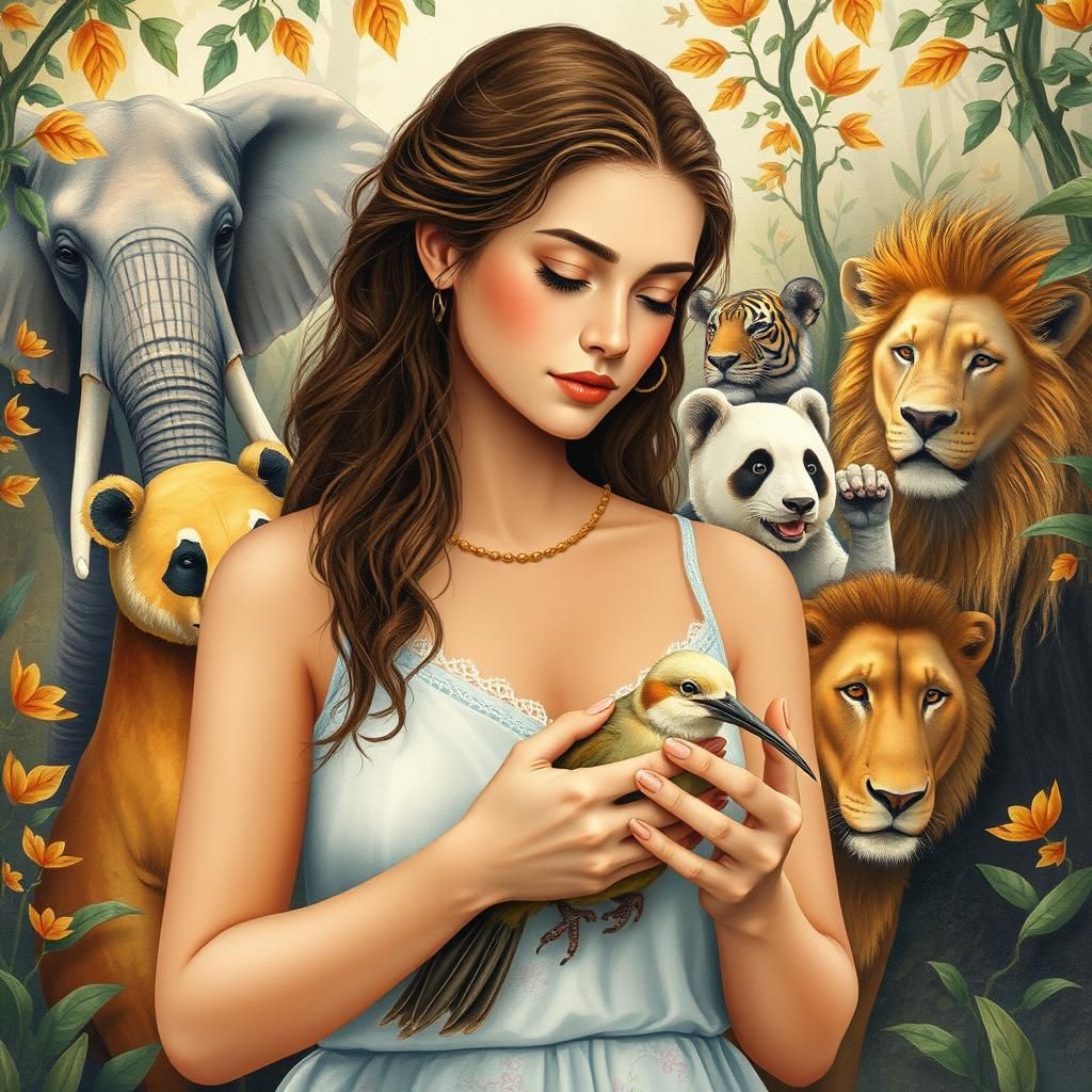 Woman and Animals in Lush Forest