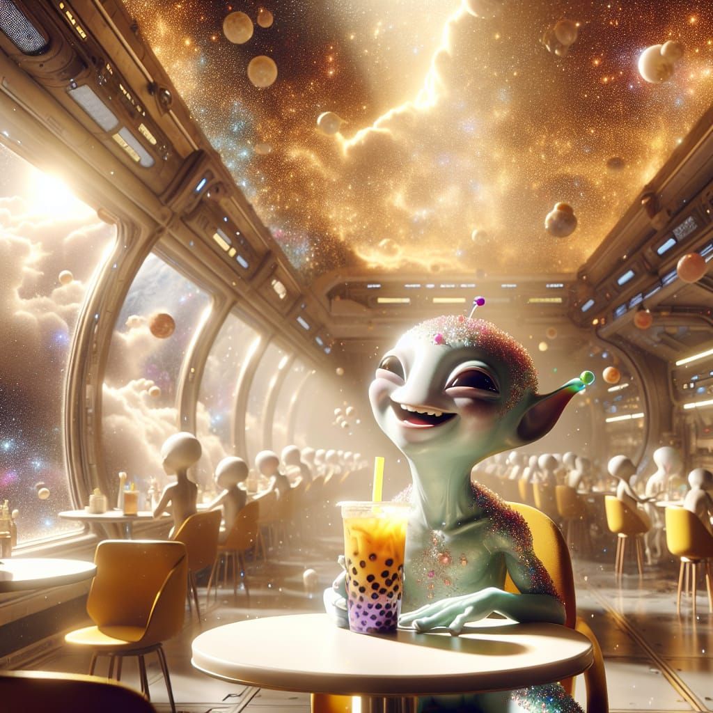 Alien Enjoying Boba Tea in Sci-Fi Cafeteria