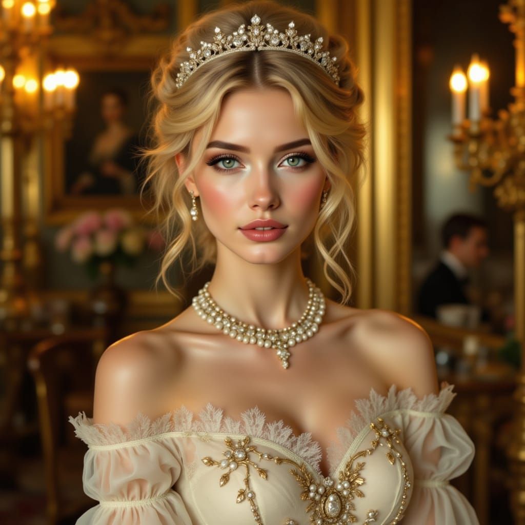 Blonde Woman in Gilded Ballroom Gown, Art Nouveau