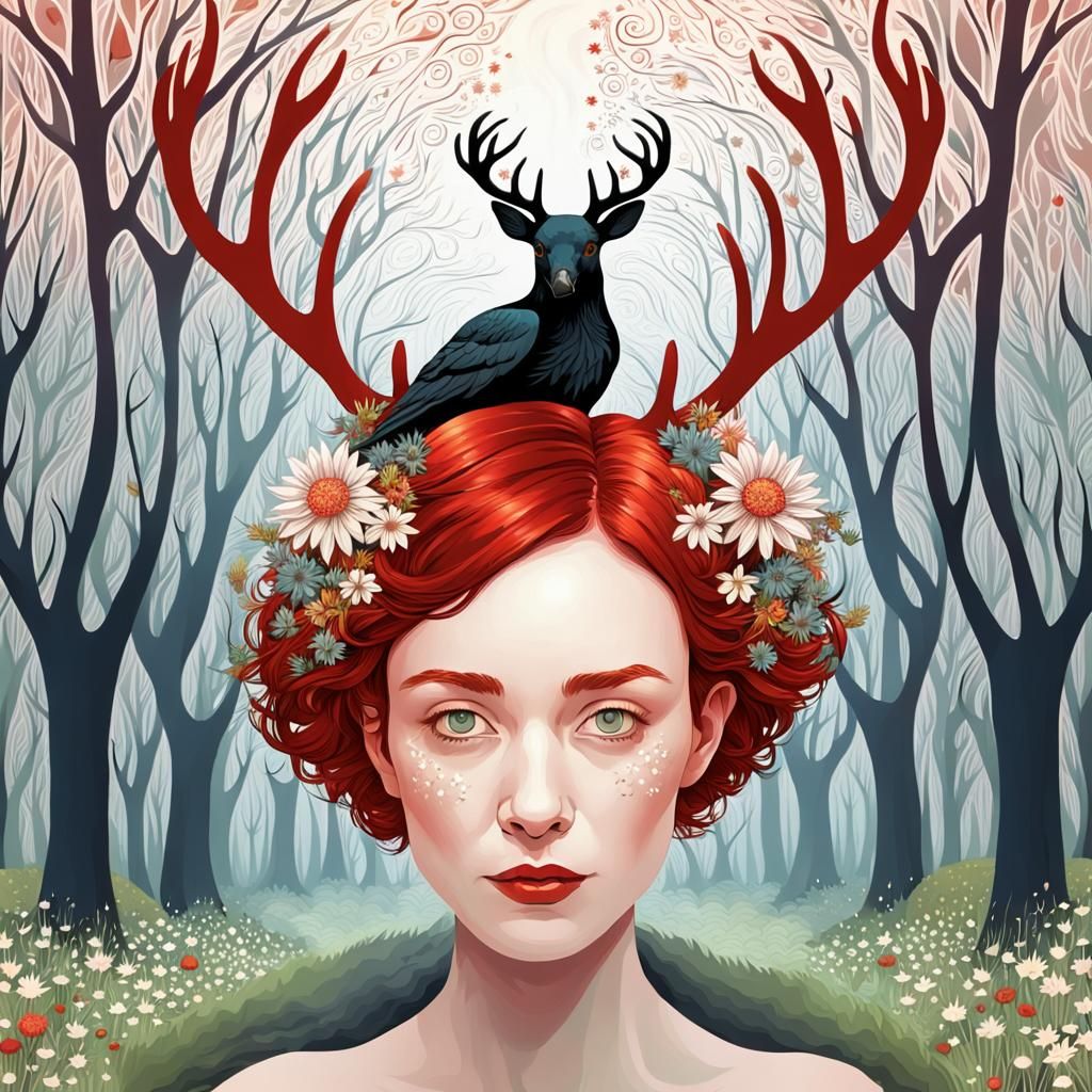 Woman with Antlers and Crow in Forest, Abstract Fractal Art