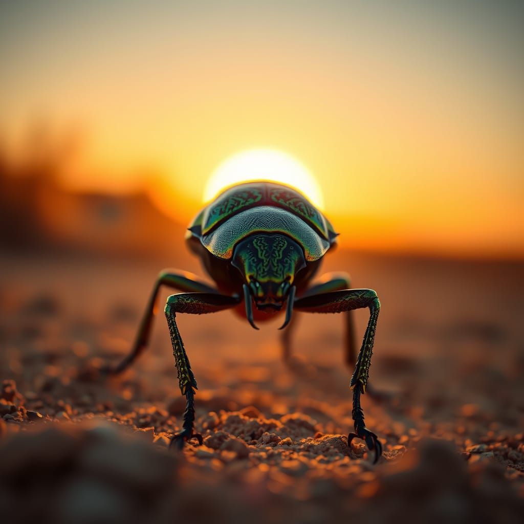 Macro Beetle in Desert Sunset, Iridescent Carapace