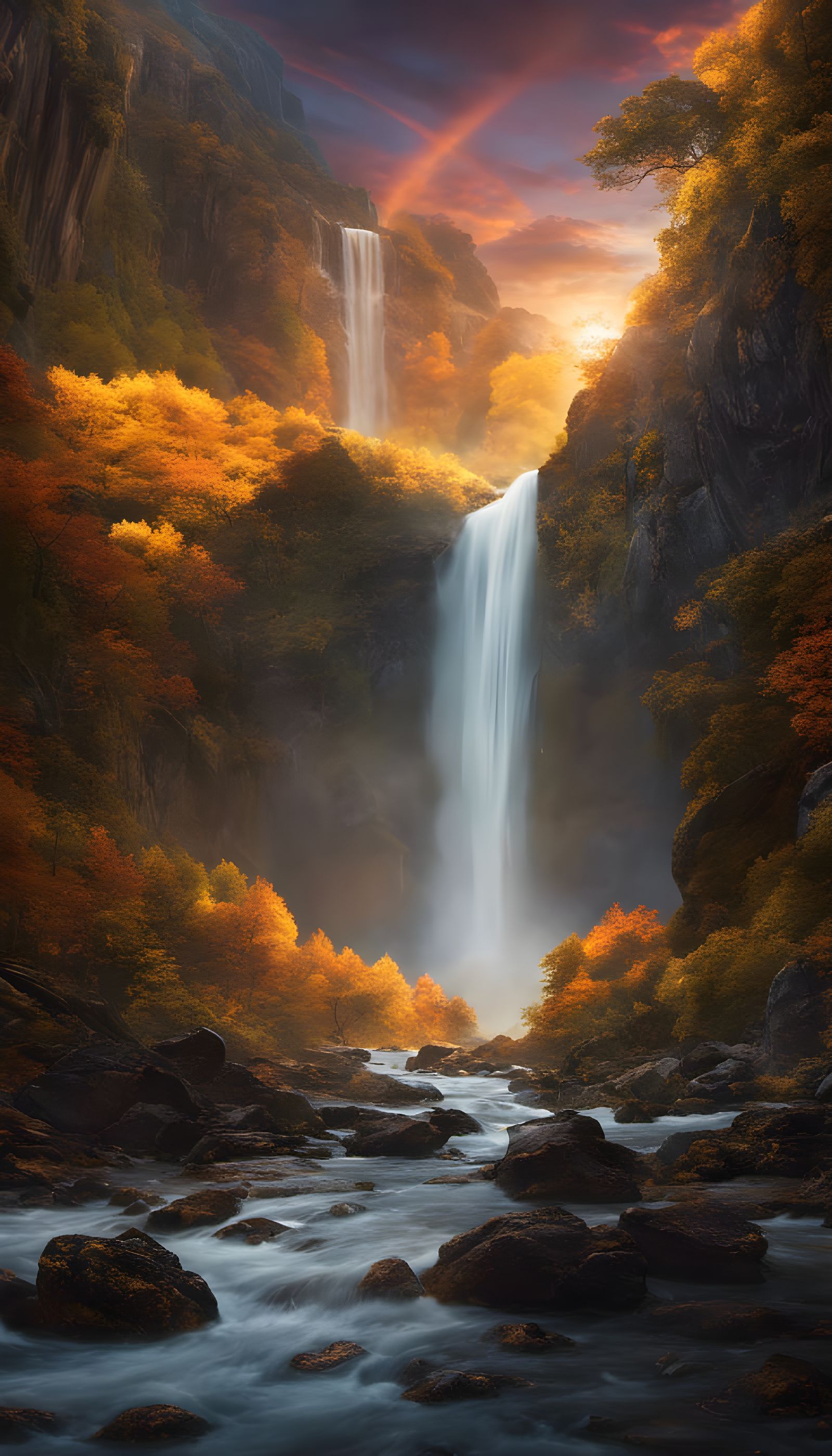 Cosmic Waterfall Fantasy Art in Golden Hour