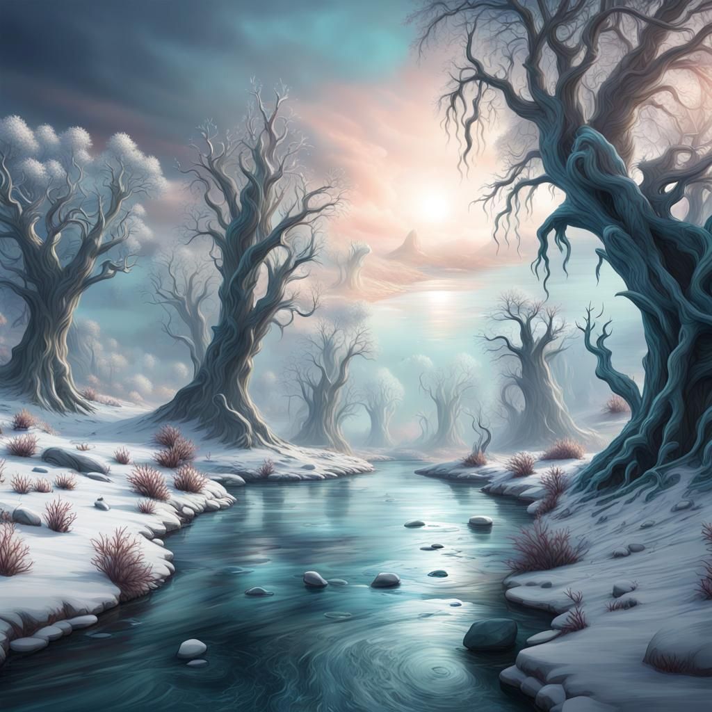 Magical Alien Winter Landscape with Flowing River