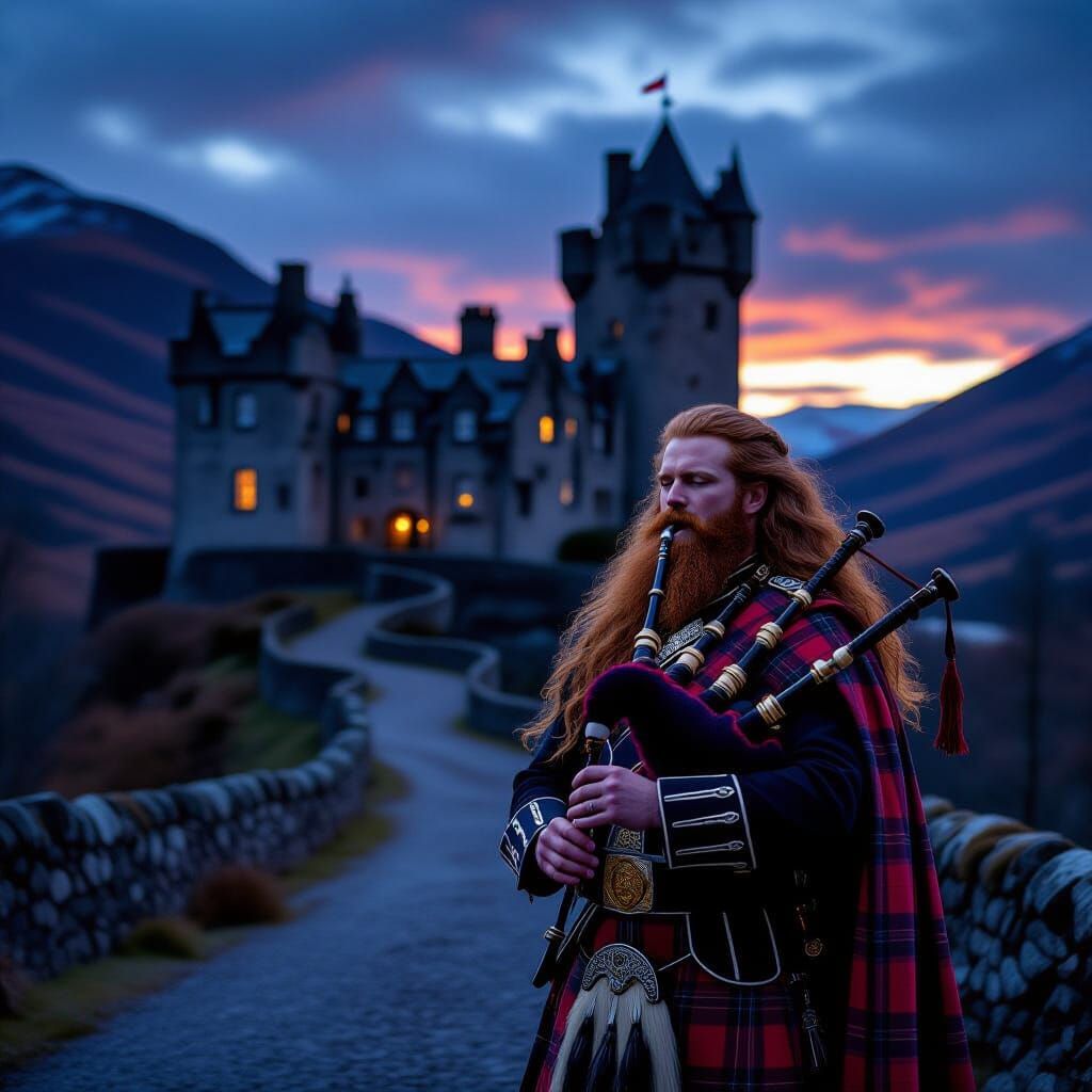 Scotsman Plays Bagpipes at Dusk in Highland Castle