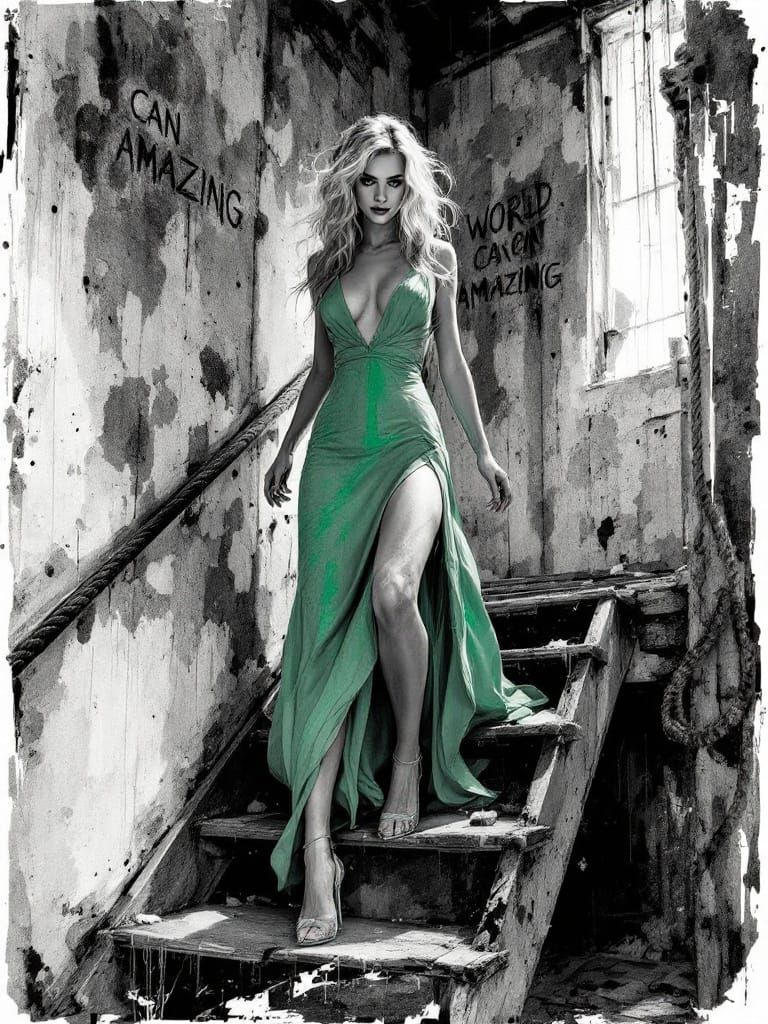 Elegant Woman Ascends Distressed Staircase in a Fusion of Ar...