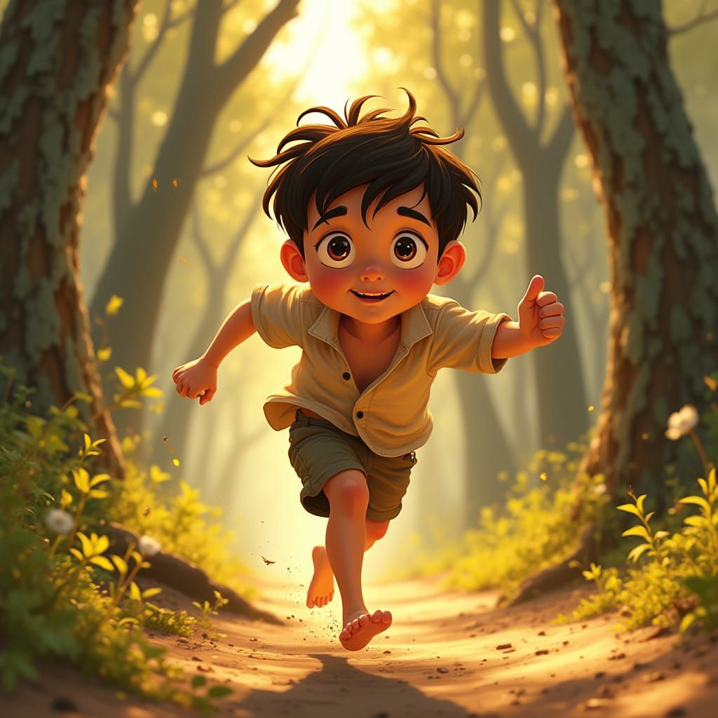 Boy Runs Through Sunlit Eucalyptus Forest with Wonder and Fe...