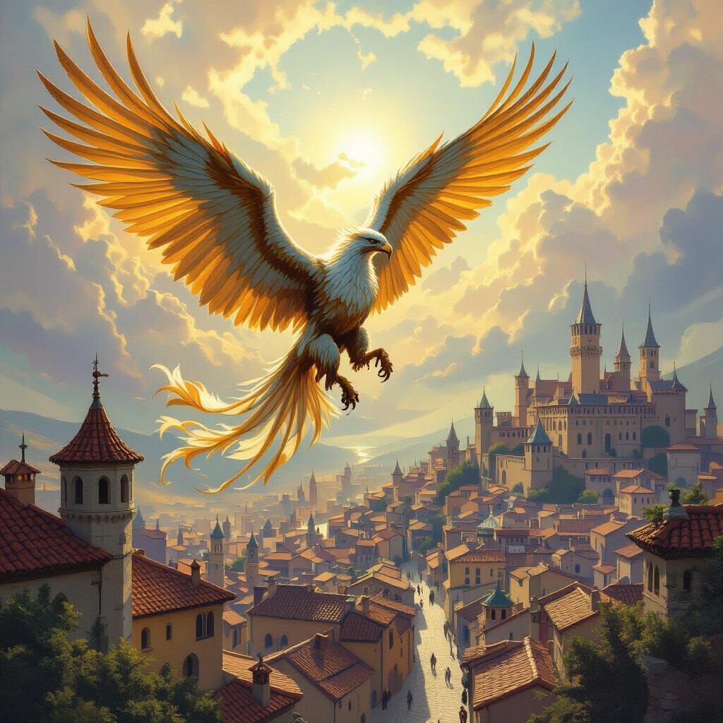 Griffin Soaring Above Medieval City in Fantasy Art Style