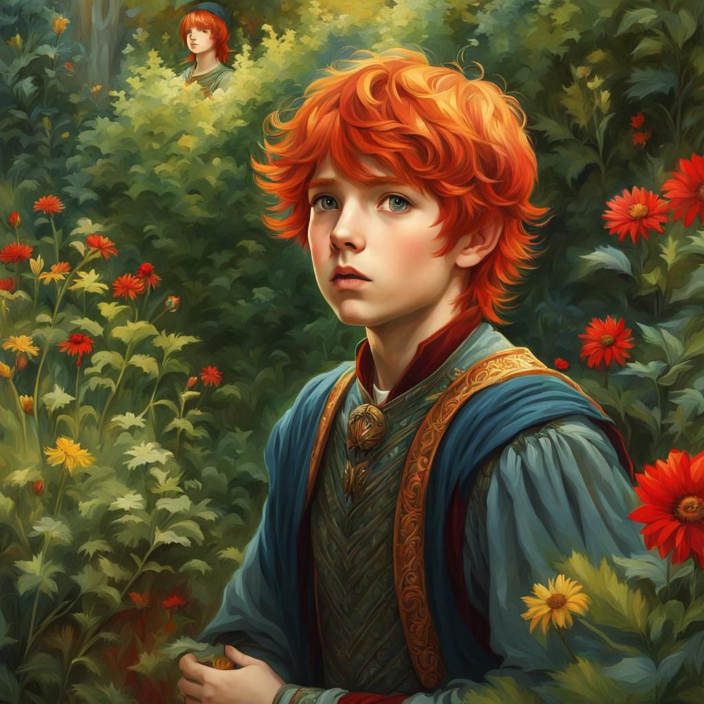 Surprised Red-Haired Boy in Anime-Style Garden