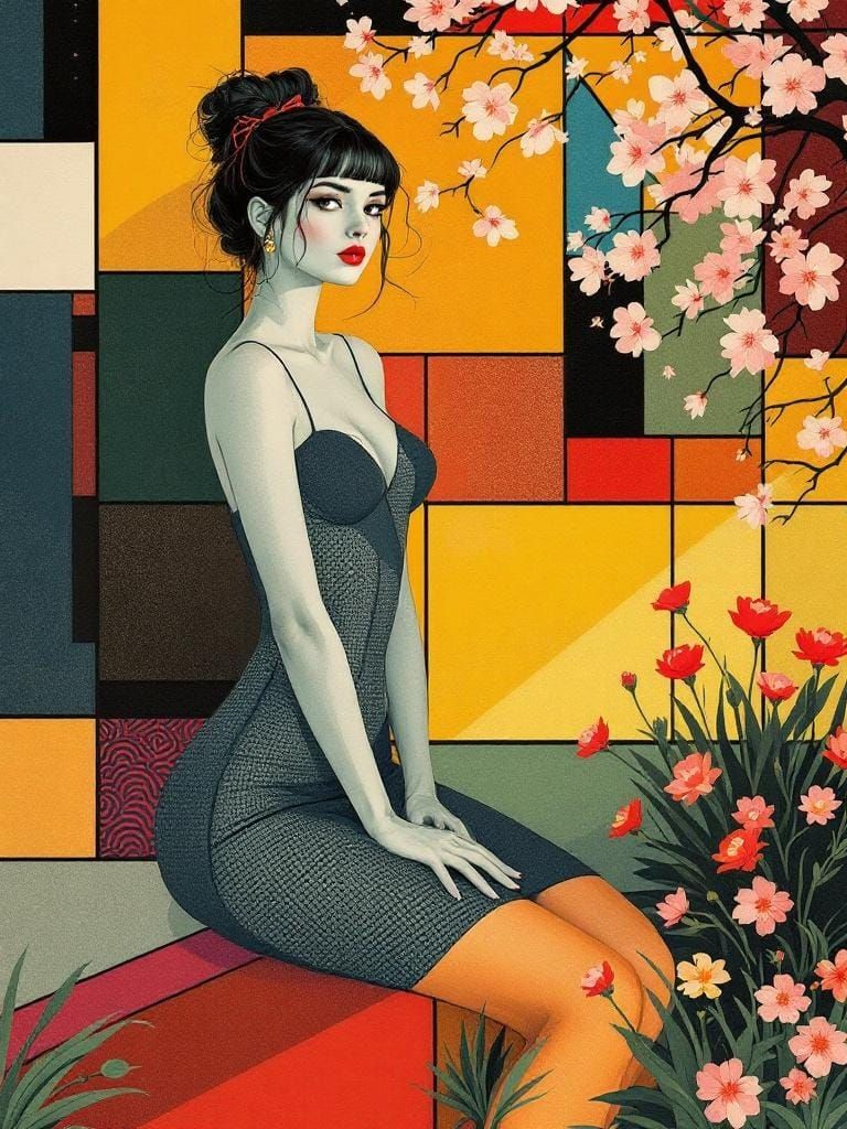 Abstract Figures in Geometric Garden, Woodcut Style