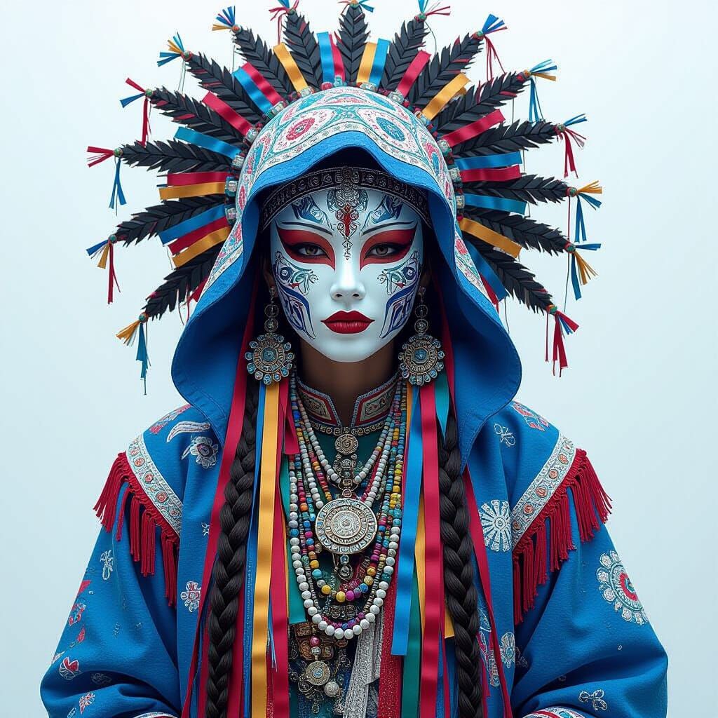 Siberian Shaman Woman in Ribbon Mask and Blue Jacket
