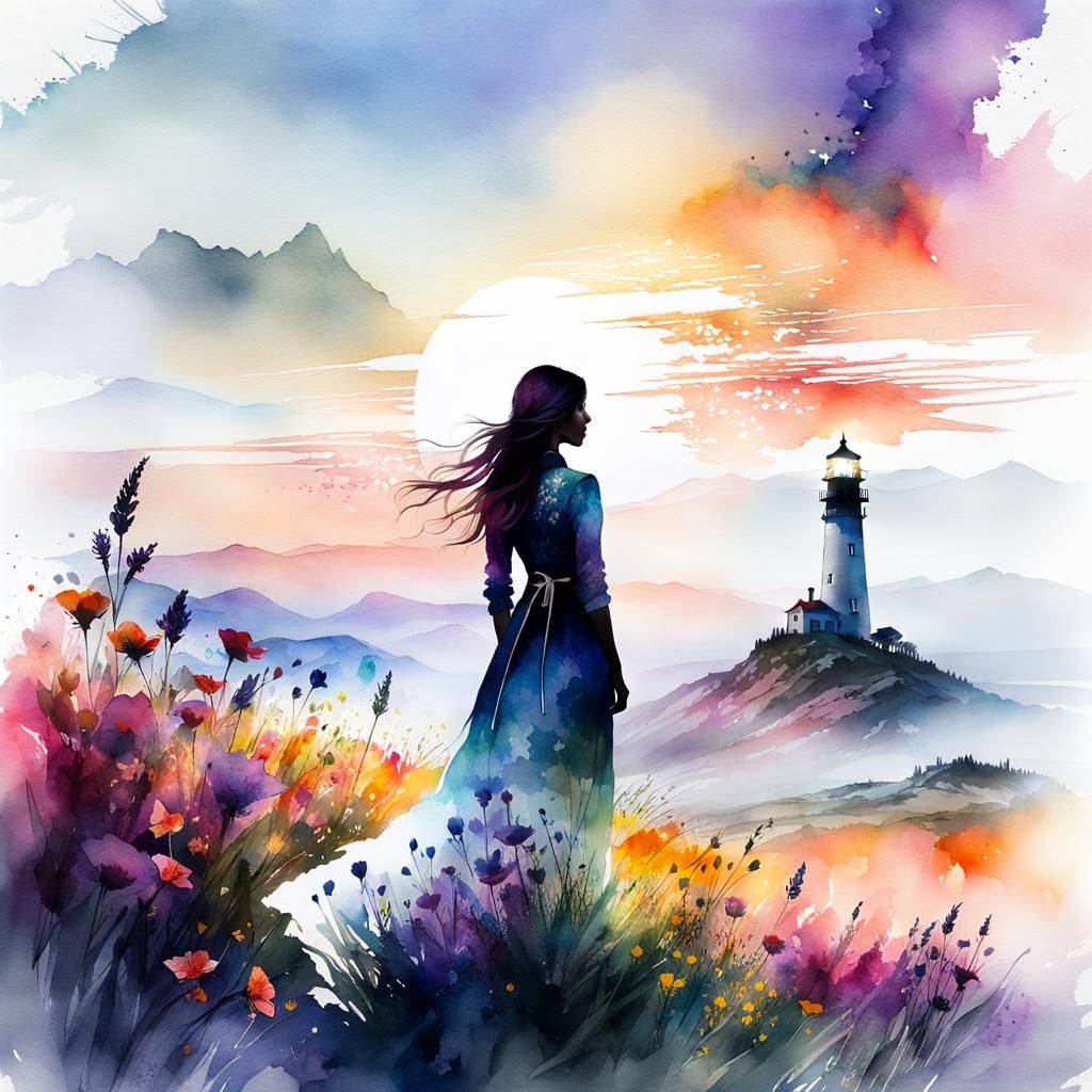 Silhouette in Flower Field: Digital Watercolor Art