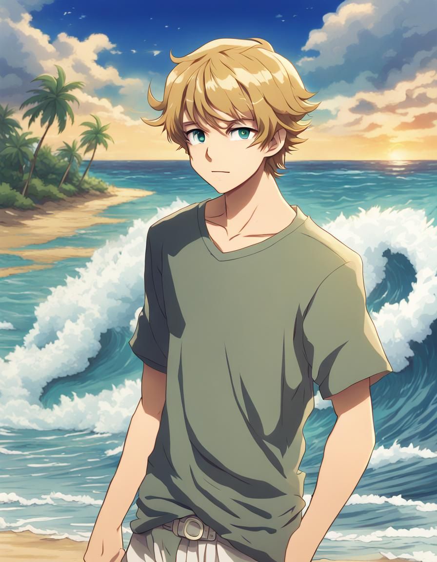 Teenage boy, brownish blond hair, standing on Polynesia beac...