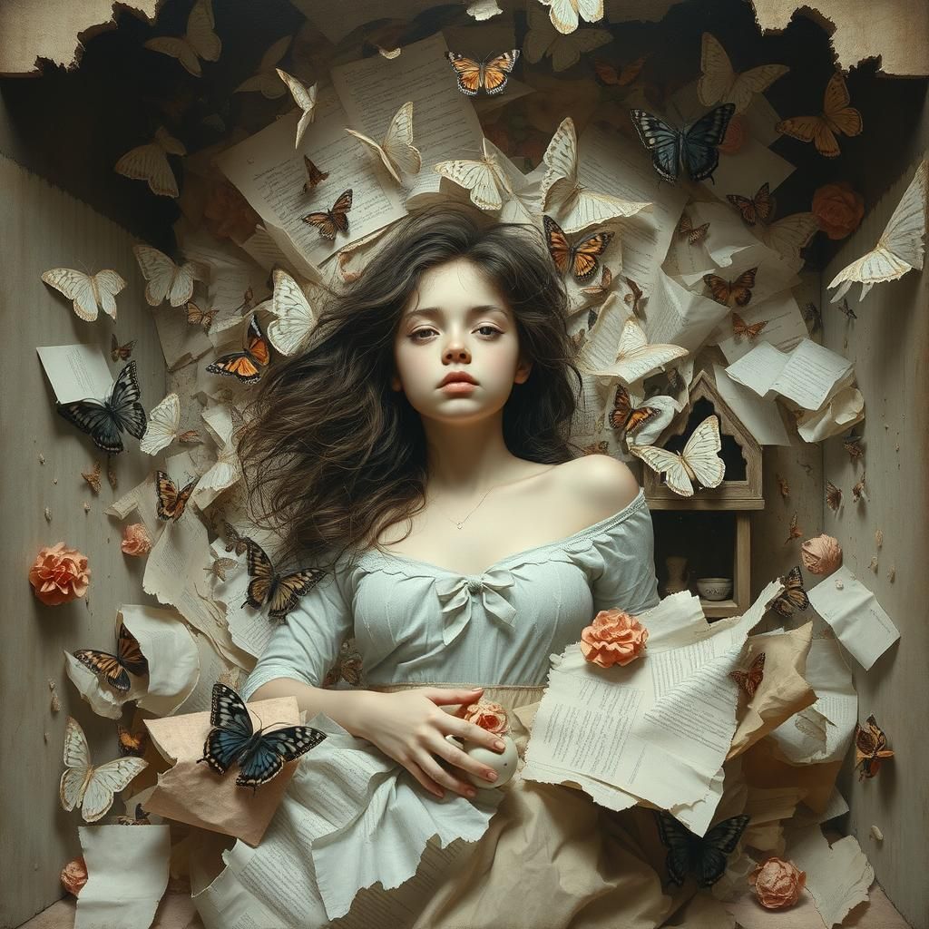 Fragile Woman in Surreal Moebius-Inspired Scene