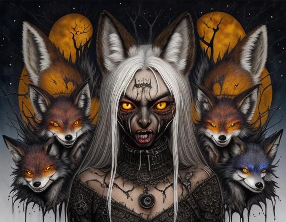 Damaged Jackal-Fox Mask in Punk-Goth Watercolor Style