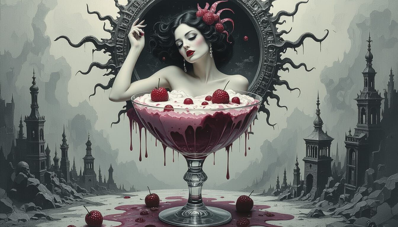 Surreal LP Cover: Woman as Dessert in Distorted Gray Landsca...