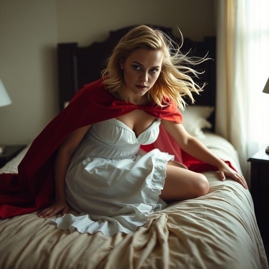 Dramatic Photo of Woman in White Dress with Red Cape
